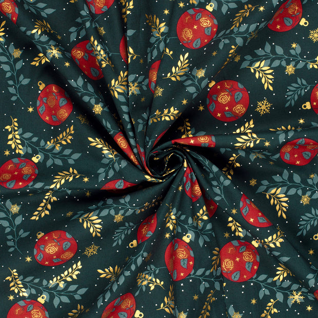 Cotton Poplin fabric Dark Green printed and foil 