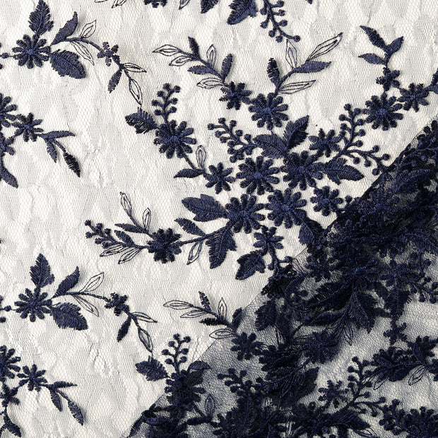Lace fabric Navy embroidered with border 