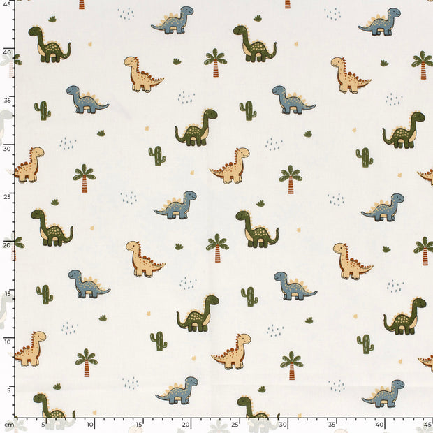 Cotton Poplin fabric Dinosaurs Off White