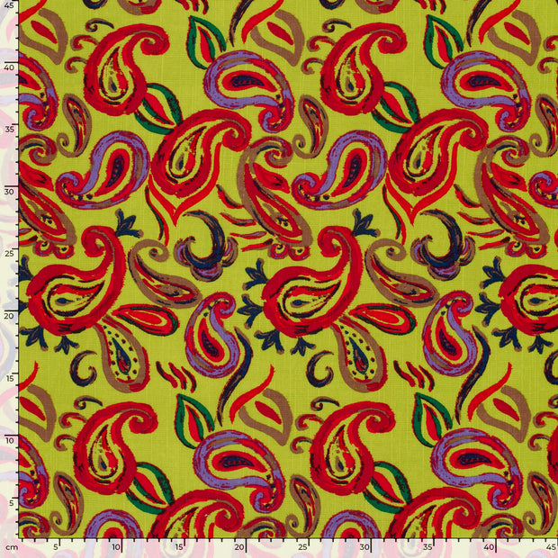 Woven Cotton Viscose fabric Paisley Lime Green