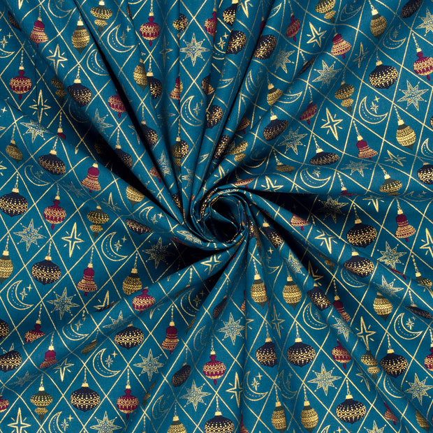 Cotton Poplin fabric Petrol printed and foil 