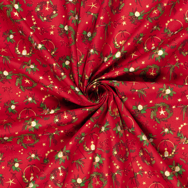Cotton Poplin fabric Red printed and foil 