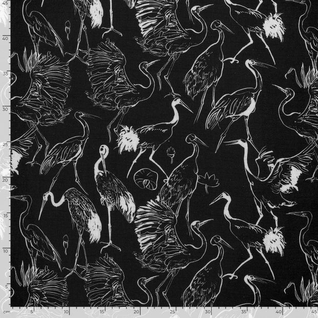 Woven Viscose Linen fabric Birds Black