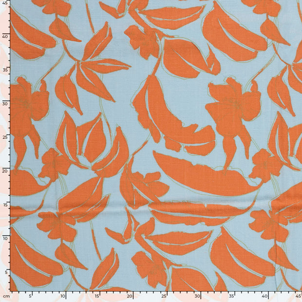 Woven Viscose Linen fabric Flowers Light Blue