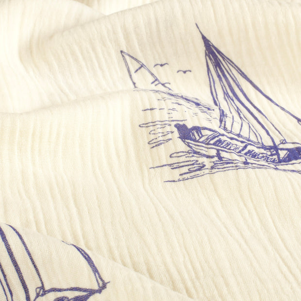 Muslin fabric Sailboats Steel Blue