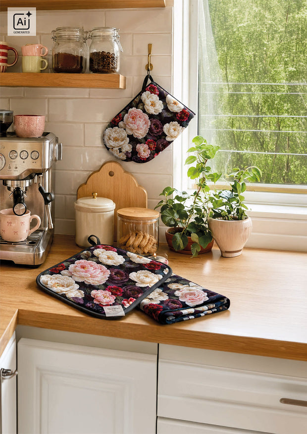 Panama fabric Flowers Black