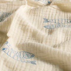 Muslin embroidered Fish Light Blue