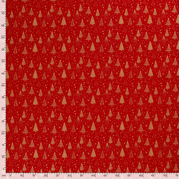 Cotton Poplin fabric Christmas trees Red