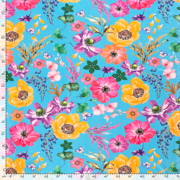 Jersey fabric Flowers Aqua