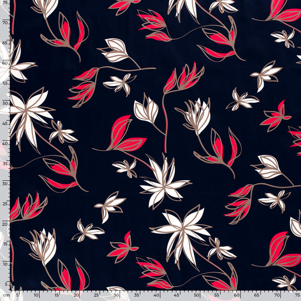 Cotton Satin fabric Flowers Navy