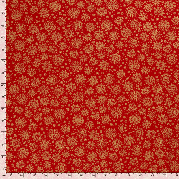 Cotton Poplin fabric Christmas snowflakes Red